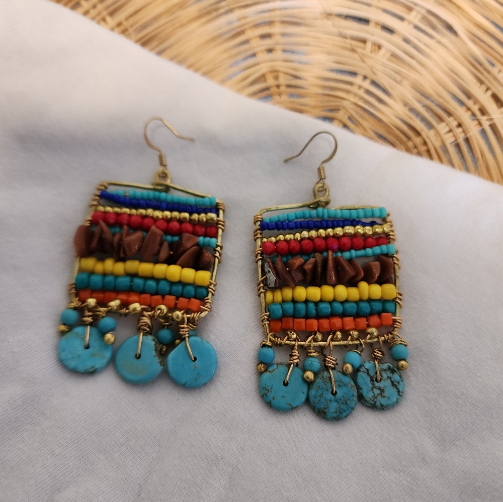 Hand Crafted Multicolor Beaded Dangle Earrings with Turquoise Discs